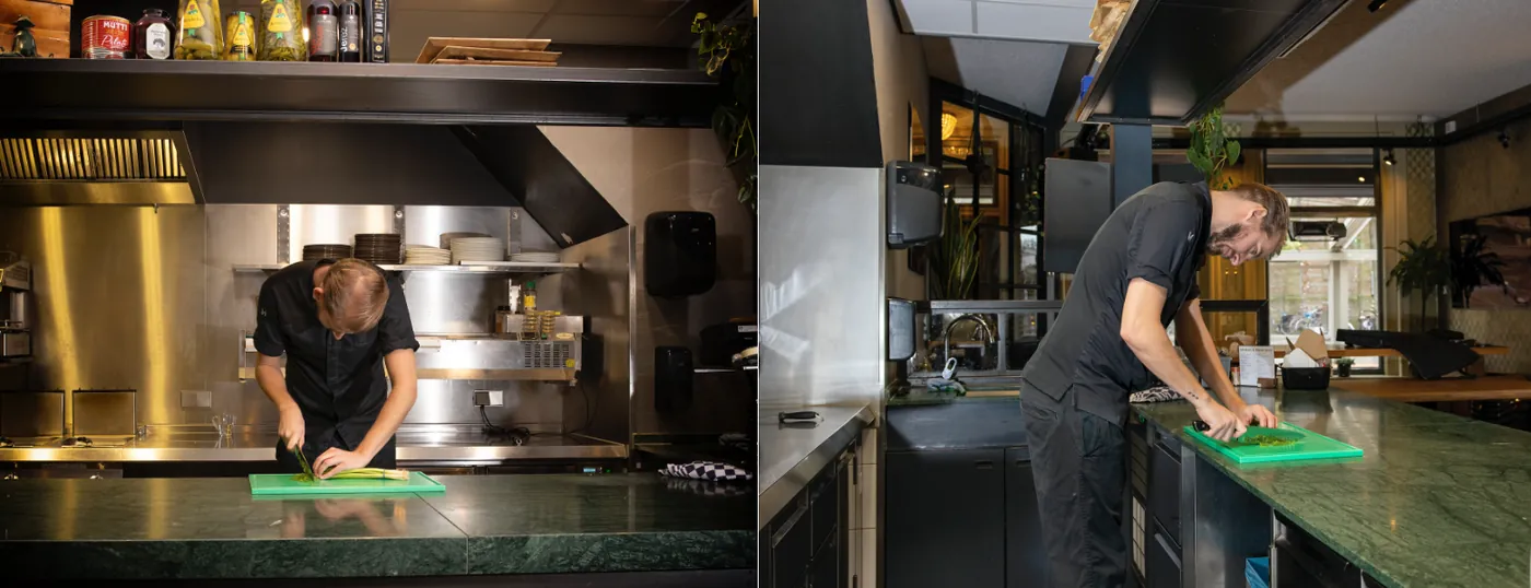 Without the ErgoCutter: chef cutting hunched over